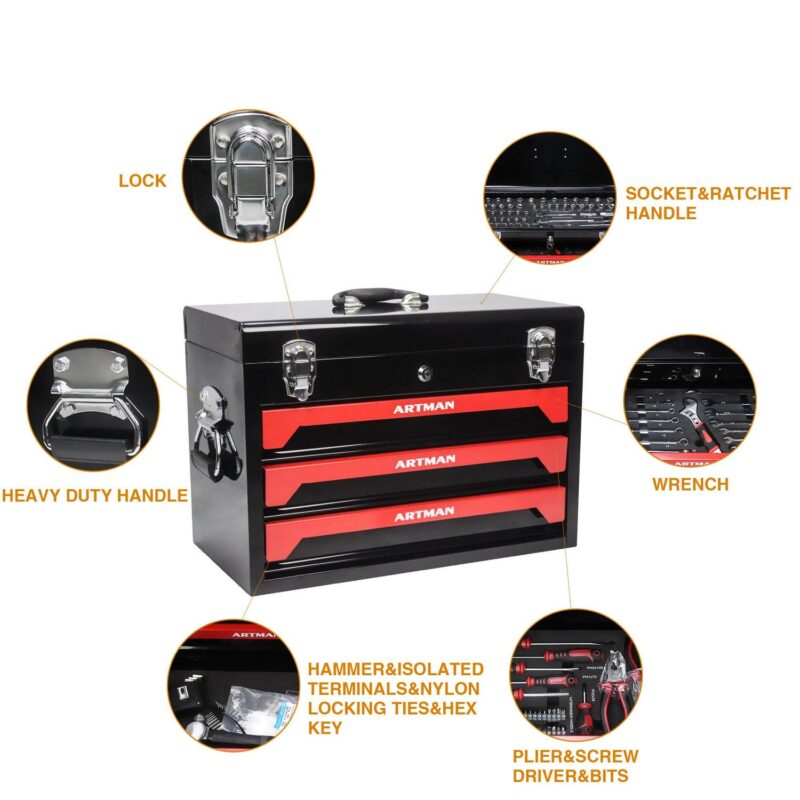 Aukfa 439-Piece Mechanics Tool Set, 3 Drawer Tool Organizer Metal Box w/ Tool Kit for Home, Auto Repair, Red - Image 3