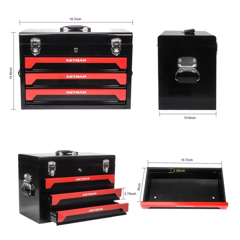Aukfa 439-Piece Mechanics Tool Set, 3 Drawer Tool Organizer Metal Box w/ Tool Kit for Home, Auto Repair, Red - Image 4