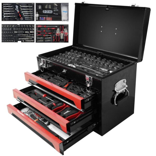 Aukfa 439-Piece Mechanics Tool Set, 3 Drawer Tool Organizer Metal Box w/ Tool Kit for Home, Auto Repair, Red