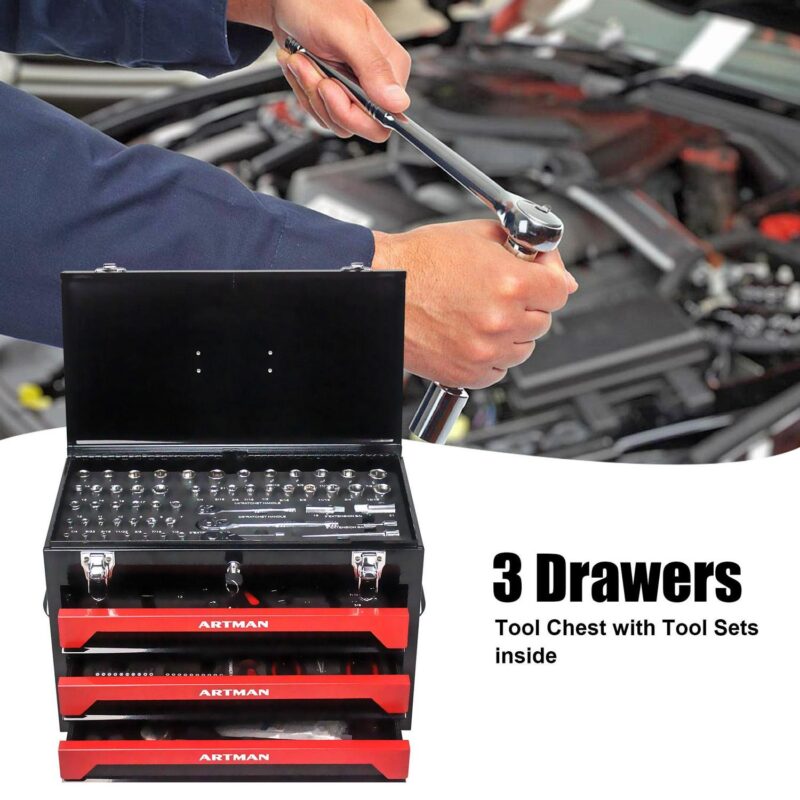 Aukfa 439-Piece Mechanics Tool Set, 3 Drawer Tool Organizer Metal Box w/ Tool Kit for Home, Auto Repair, Red - Image 5