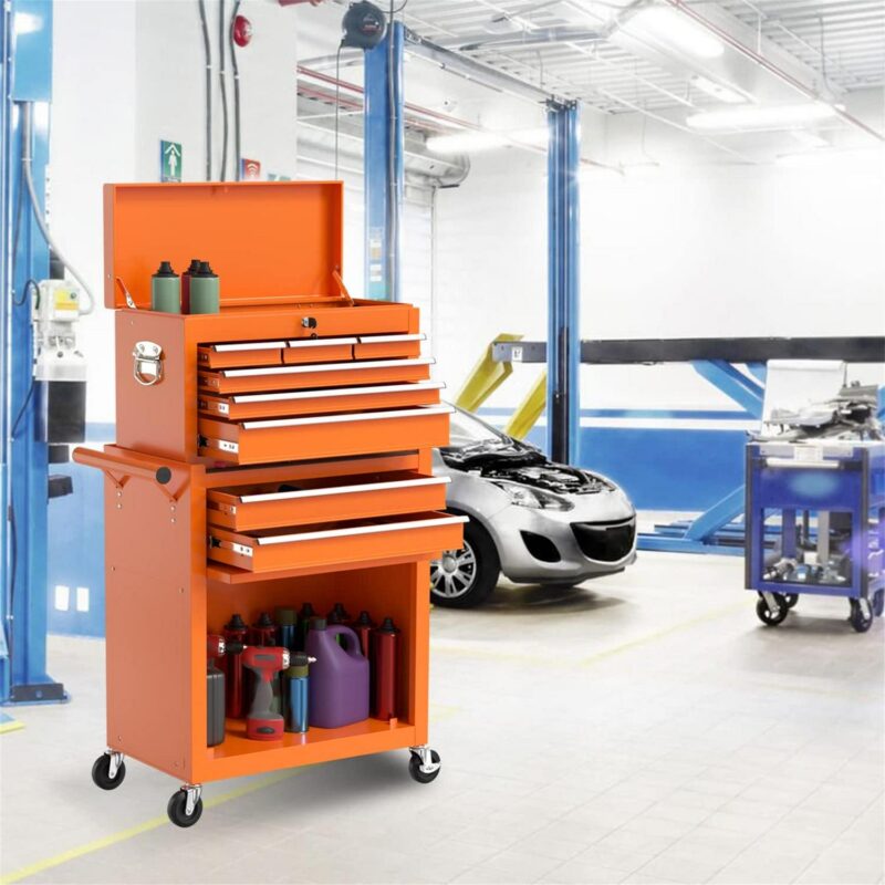 Aukfa Tool Chest, 2 in 1 Steel Rolling Tool Box and Cabinet On Wheels for Garage, 8-Drawer, Orange - Image 6