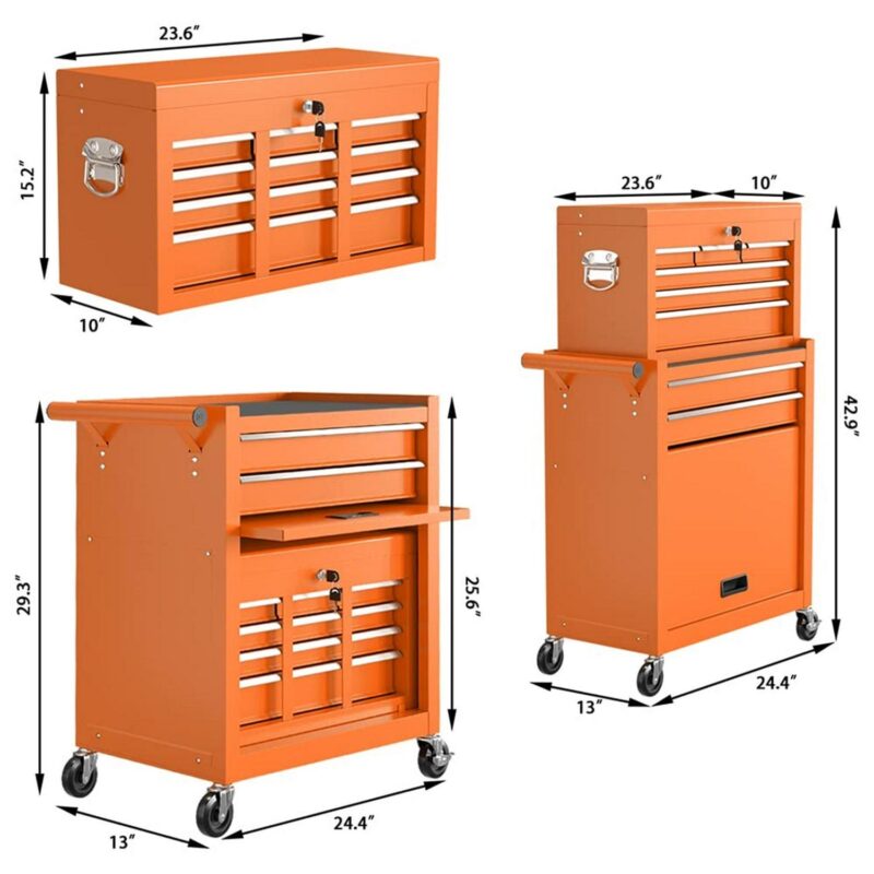 Aukfa Tool Chest, 2 in 1 Steel Rolling Tool Box and Cabinet On Wheels for Garage, 8-Drawer, Orange - Image 13