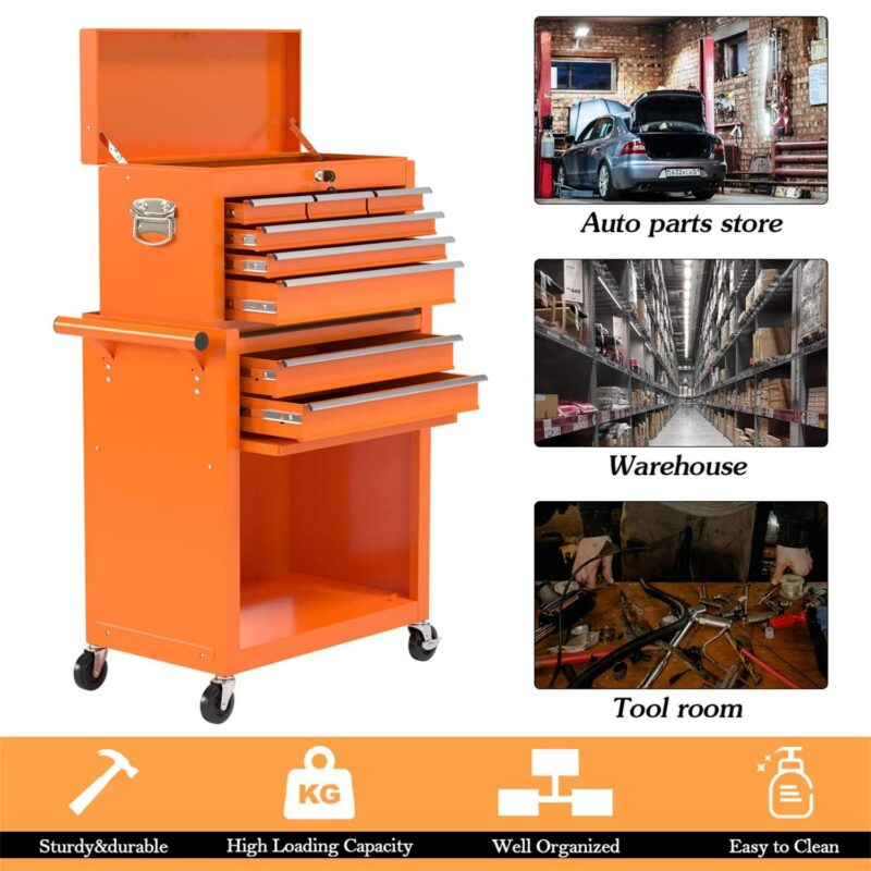 Aukfa Tool Chest, 2 in 1 Steel Rolling Tool Box and Cabinet On Wheels for Garage, 8-Drawer, Orange - Image 2