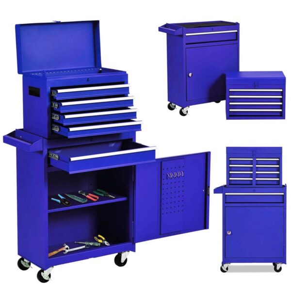 Aukfa Tool Chest, 2 in 1 Steel Rolling Tool Box and Cabinet On Wheels for Garage, 5-drawer, Blue