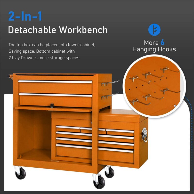 Aukfa Tool Chest, 2 in 1 Steel Rolling Tool Box and Cabinet On Wheels for Garage, 8-Drawer, Orange - Image 10