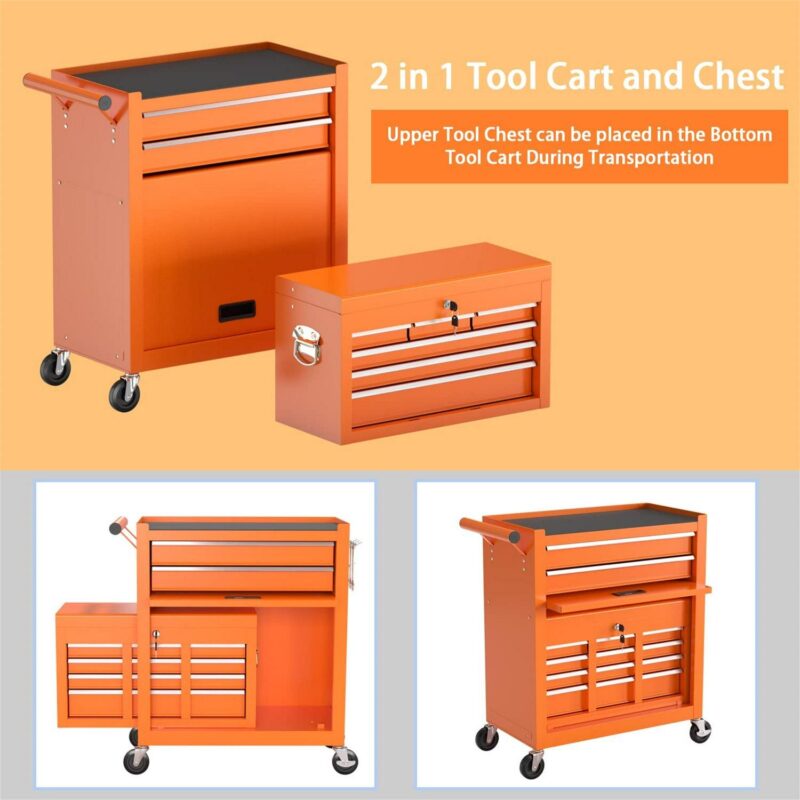 Aukfa Tool Chest, 2 in 1 Steel Rolling Tool Box and Cabinet On Wheels for Garage, 8-Drawer, Orange - Image 3