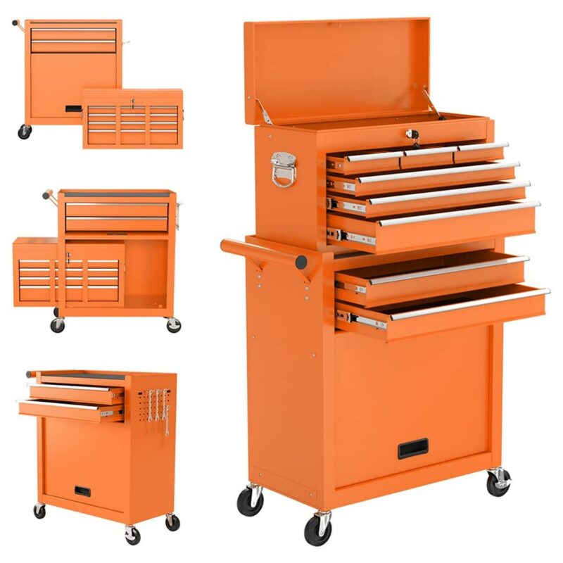 Aukfa Tool Chest, 2 in 1 Steel Rolling Tool Box and Cabinet On Wheels for Garage, 8-Drawer, Orange - Image 14