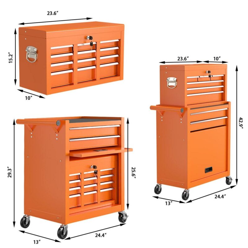 Aukfa Tool Chest, 2 in 1 Steel Rolling Tool Box and Cabinet On Wheels for Garage, 8-Drawer, Orange - Image 23