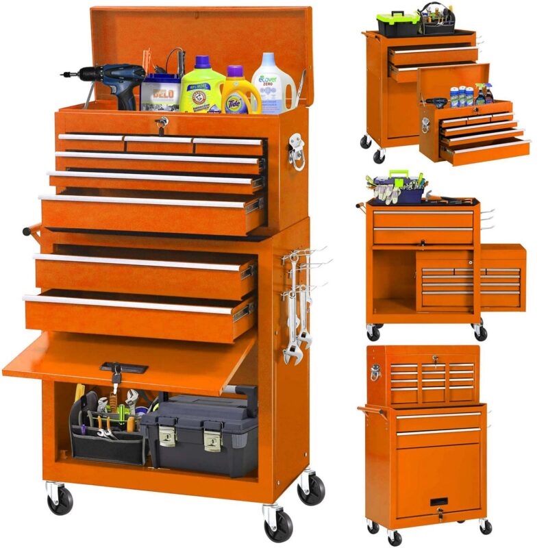 Aukfa Tool Chest, 2 in 1 Steel Rolling Tool Box and Cabinet On Wheels for Garage, 8-Drawer, Orange - Image 9