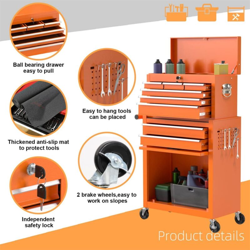 Aukfa Tool Chest, 2 in 1 Steel Rolling Tool Box and Cabinet On Wheels for Garage, 8-Drawer, Orange - Image 5