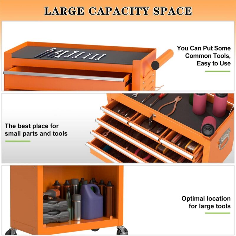 Aukfa Tool Chest, 2 in 1 Steel Rolling Tool Box and Cabinet On Wheels for Garage, 8-Drawer, Orange - Image 4