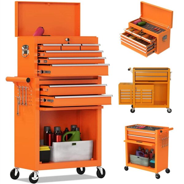 Aukfa Tool Chest, 2 in 1 Steel Rolling Tool Box and Cabinet On Wheels for Garage, 8-Drawer, Orange