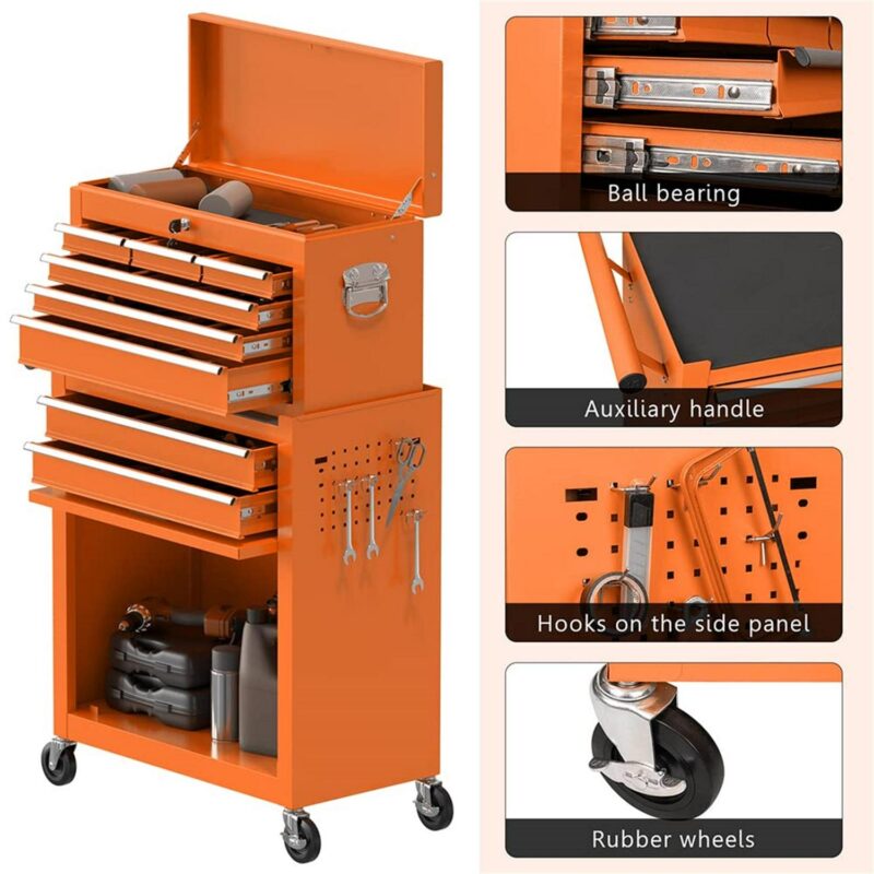 Aukfa Tool Chest, 2 in 1 Steel Rolling Tool Box and Cabinet On Wheels for Garage, 8-Drawer, Orange - Image 16
