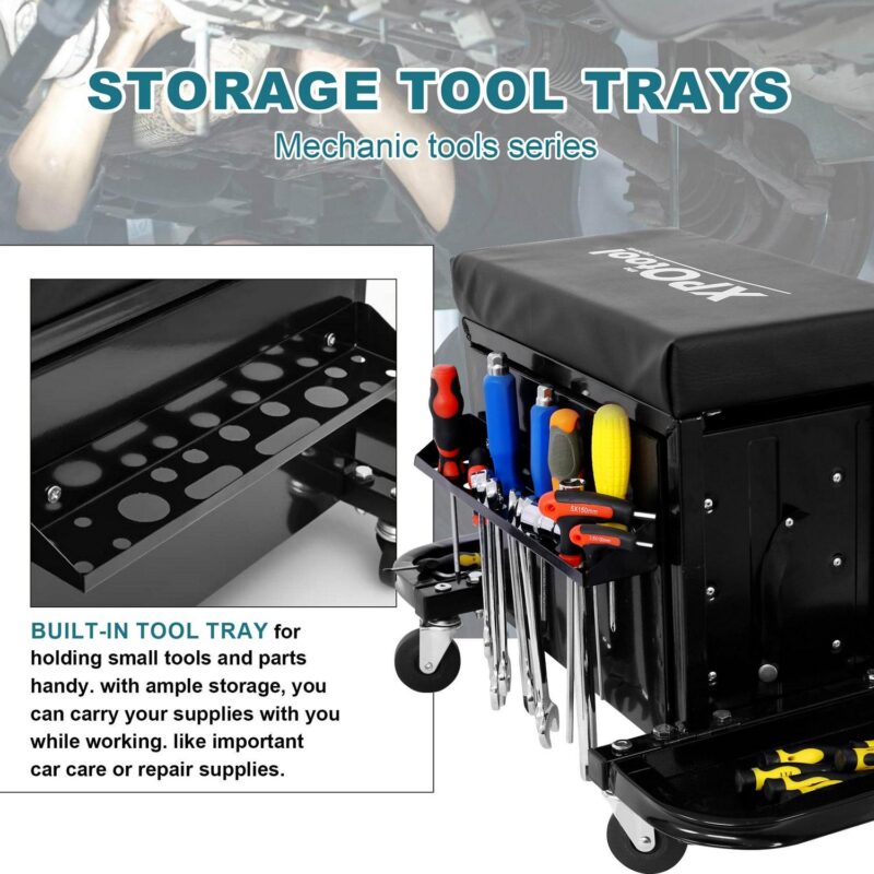 Aukfa Tool Chest Seat, Steel Rolling Tool Box with Wheels and Foldable Magnetic Storage Trays, 3-Drawers, 350LBS Capacity, Black - Image 7