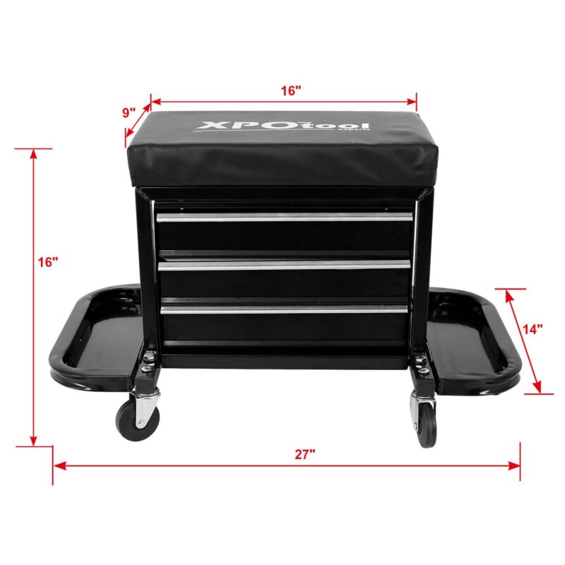 Aukfa Tool Chest Seat, Steel Rolling Tool Box with Wheels and Foldable Magnetic Storage Trays, 3-Drawers, 350LBS Capacity, Black - Image 5