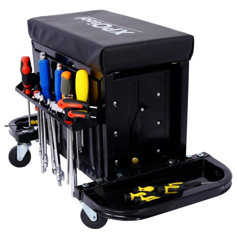 Aukfa Tool Chest Seat, Steel Rolling Tool Box with Wheels and Foldable Magnetic Storage Trays, 3-Drawers, 350LBS Capacity, Black - Image 2