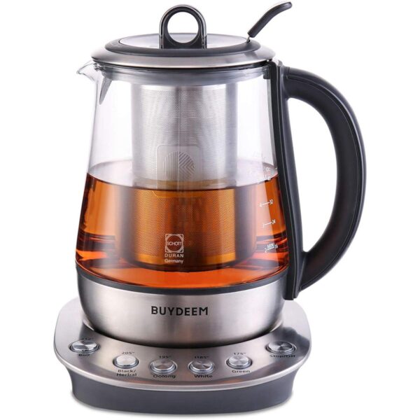 BUYDEEM K2423 Tea Maker, 1.2L, 316 Stainless Steel, Schott Glass, Removable Infuser, Auto Keep Warm