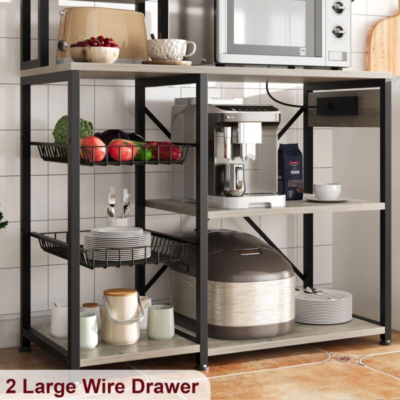Bakers Rack with Power Outlet, Microwave Stand with 2 Wire Drawer, Industrial Coffee Bar Station - Image 3