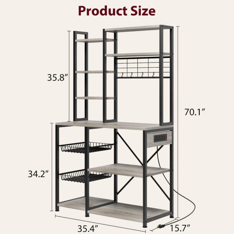 Bakers Rack with Power Outlet, Microwave Stand with 2 Wire Drawer, Industrial Coffee Bar Station - Image 2