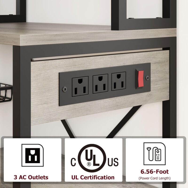 Bakers Rack with Power Outlet, Microwave Stand with 2 Wire Drawer, Industrial Coffee Bar Station - Image 4