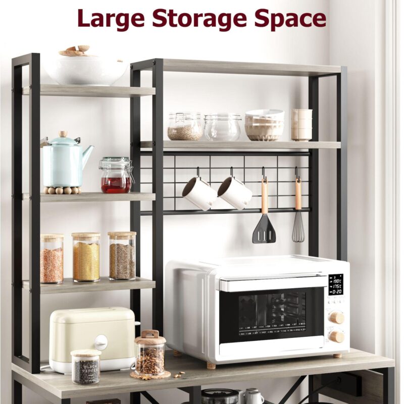 Bakers Rack with Power Outlet, Microwave Stand with 2 Wire Drawer, Industrial Coffee Bar Station - Image 5