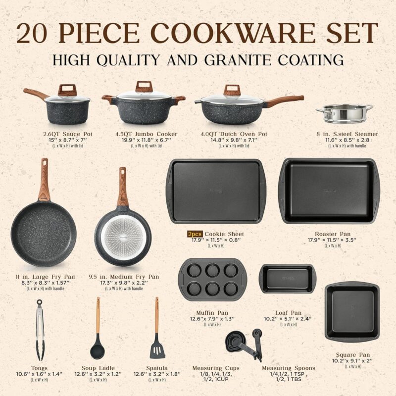 Bakken Swiss 20 Piece Nonstick Granite Cookware and Kitchen Set, Black - Image 4