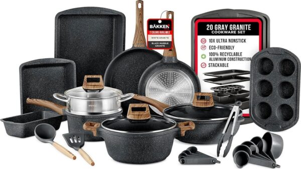 Bakken Swiss 20 Piece Nonstick Granite Cookware and Kitchen Set, Black