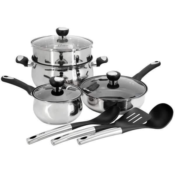 Baldwyn 10 Piece Stainless Steel Belly-Shaped Nonstick Cookware and Utensil Set