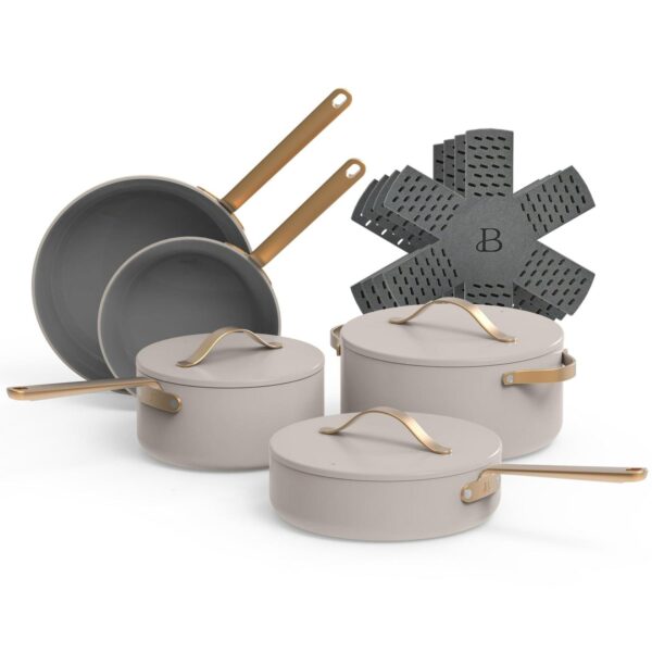 Beautiful 12pc Ceramic Non-Stick Cookware Set, Porcini Taupe by Drew Barrymore