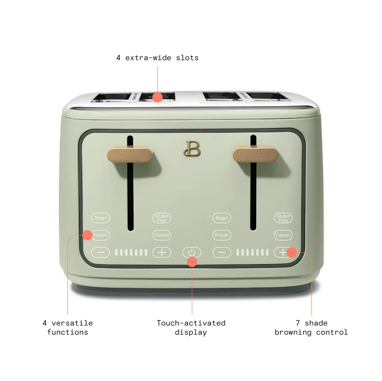 Beautiful 4-Slice Toaster with Touch-Activated Display, Sage Green by Drew Barrymore 3 Beautiful 4-Slice Toaster with Touch-Activated Display, Sage Green by Drew Barrymore - Image 3