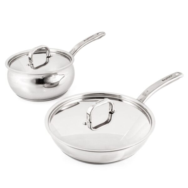 BergHOFF Belly Shape 3-pc. Stainless Steel Skillet and Saucepan Cookware Set with Stainless Steel Lids