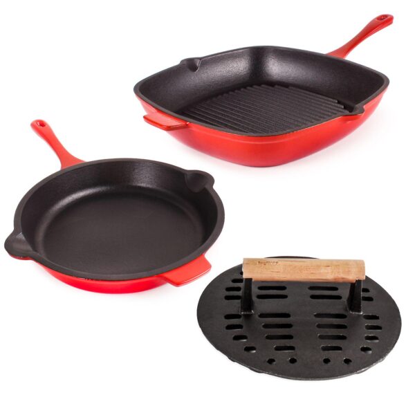 BergHOFF Neo 3 pc Cast Iron Fry Pan and Grill Pan Set with Slotted Steak Press