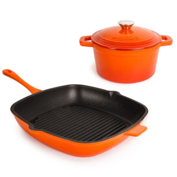 BergHOFF Neo 3 pc Cast Iron Cookware Set, Grill Pan and Round Dutch Oven