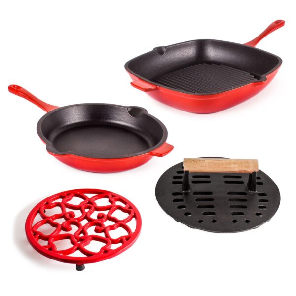 BergHOFF Neo Cast-Iron Frypan, Grill Pan, Steak Press and Trivet Set