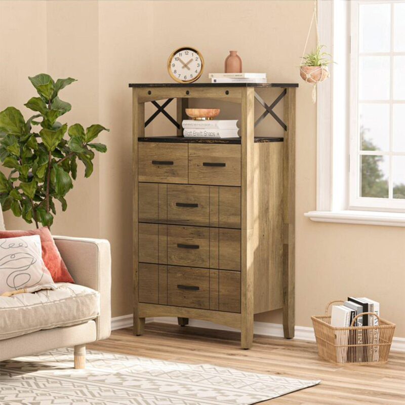 Bestier Hallway and Living Room Storage Cabinet w/ 2 Shelves and 5 Drawers, Brown - Image 4