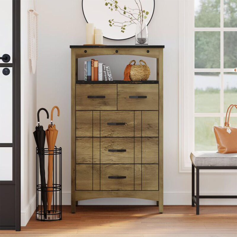 Bestier Hallway and Living Room Storage Cabinet w/ 2 Shelves and 5 Drawers, Brown - Image 5
