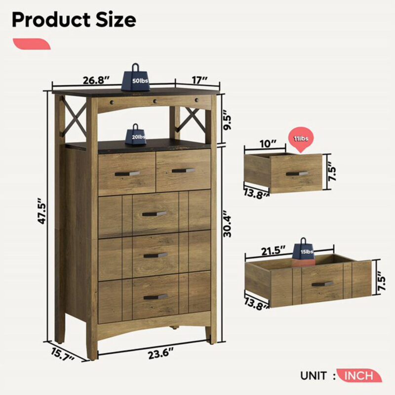 Bestier Hallway and Living Room Storage Cabinet w/ 2 Shelves and 5 Drawers, Brown - Image 3
