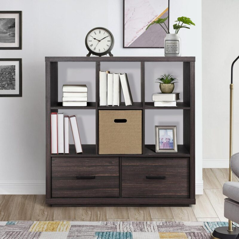Better Homes and Gardens Steele 6 Cube Storage Bookcase Organizer with Drawers, Tobacco Oak Finish - Image 4