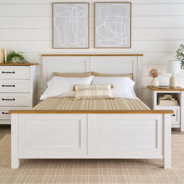 Better Homes and Gardens Modern Farmhouse Queen Platform Bed, Alabaster and Light Honey Finish