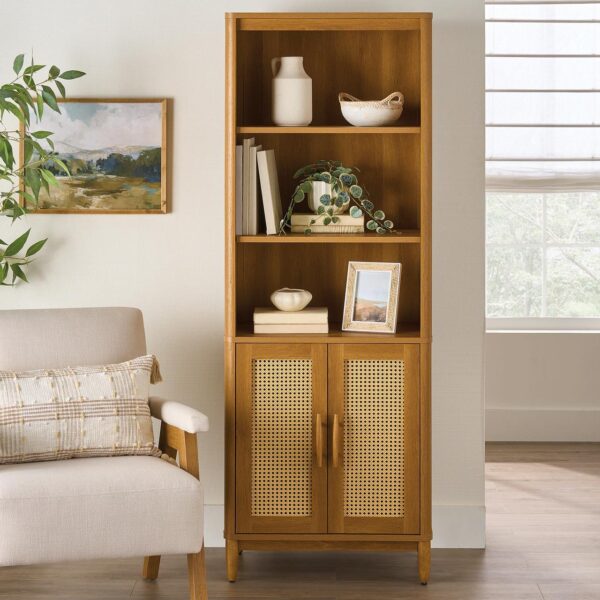 Better Homes and Gardens Springwood Bookcase with Doors, Light Honey Finish