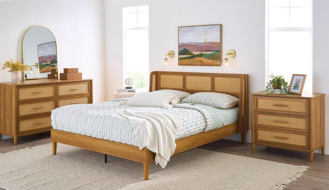 Better Homes and Gardens Springwood Caning King Platform Bed With Headboard, Light Honey Finish - Image 6