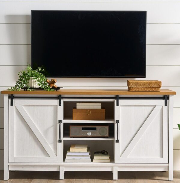 Better Homes and Gardens Modern Farmhouse TV stand for TV's up to 70 , Alabaster and Light Honey Finish