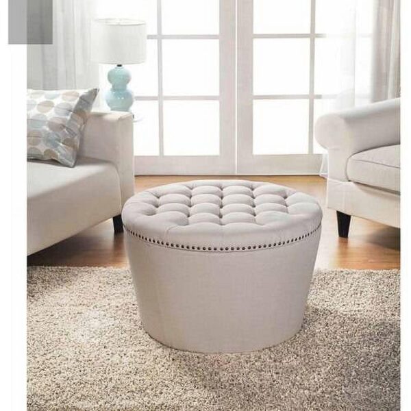 Better Homes and Gardens Round Tufted Storage Ottoman with Nailheads, Cream Faux Linen