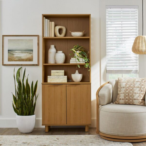 Better Homes and Gardens Lillian Fluted Bookcase with Doors, Natural Pine Finish