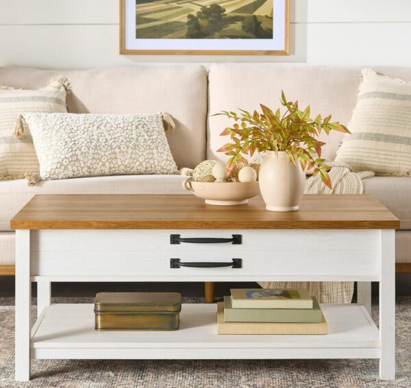 Better Homes and Gardens Modern Farmhouse Coffee Table, Alabaster and Light Honey Finish