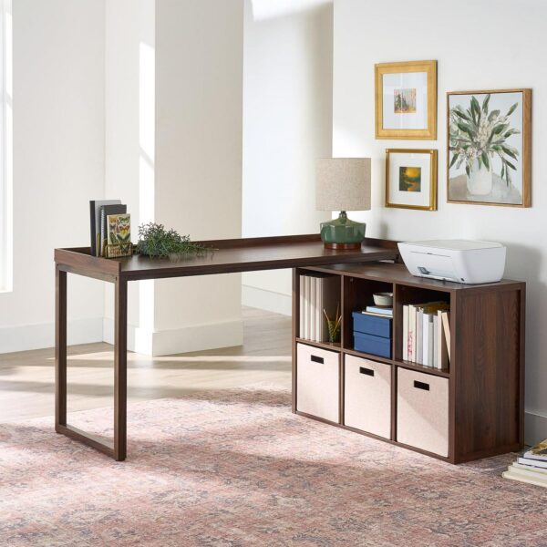 Better Homes and Gardens Ezra Modular L Desk with 6-Cube Storage, Walnut Finish