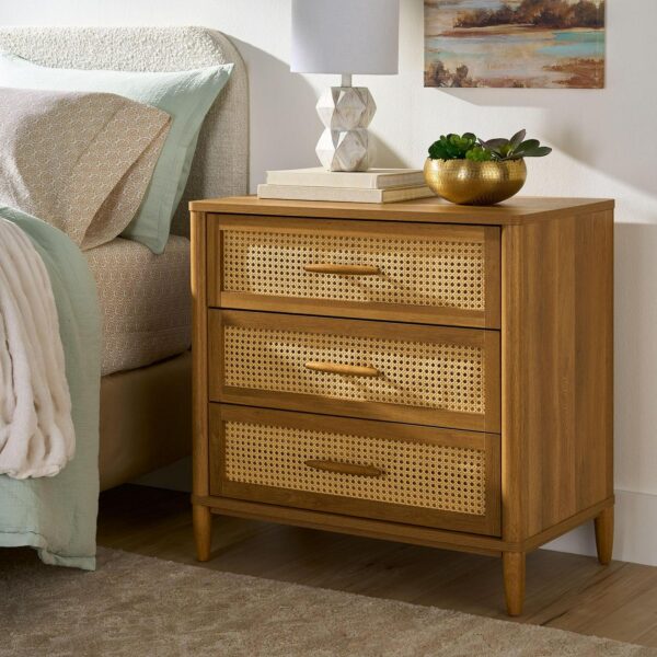 Better Homes and Gardens Springwood Caning 3-Drawer Chest with USB, Light Honey finish