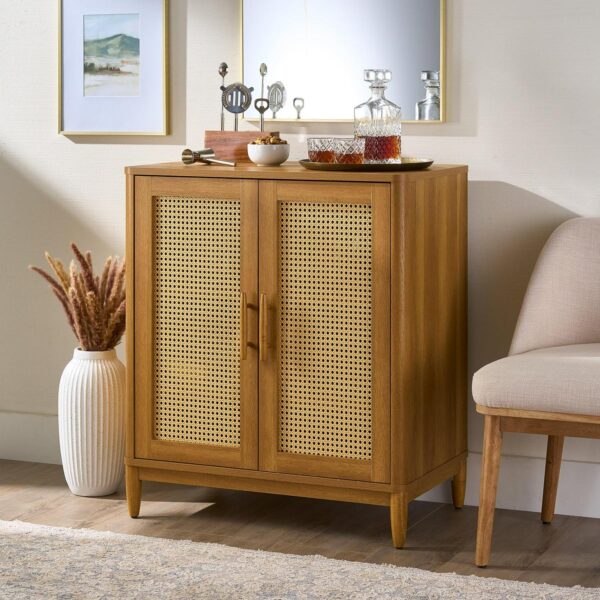 Better Homes and Gardens Springwood Caning Bar Cabinet, Light Honey Finish