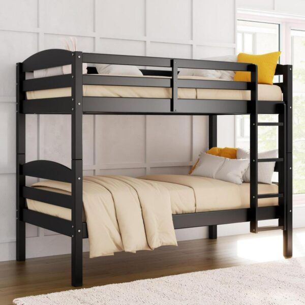 Better Homes and Gardens Leighton Kids Solid Wood Twin-over-Twin Convertible Bunk Bed with Ladder and Guardrails, Black