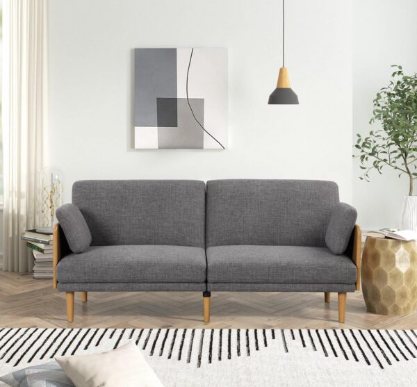 Better Homes and Gardens 73  Reading Futon, Natural Rubber Wood Legs and Arms, Grey Linen Fabric